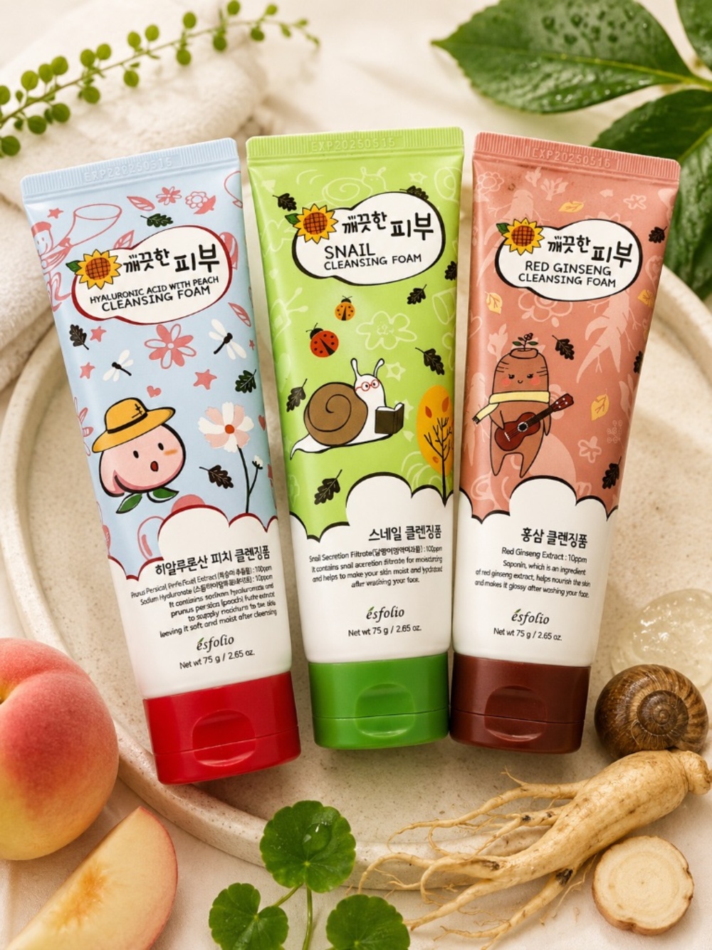 Esfolio 3PC Cleansing Foam Set Peach Snail Red Ginseng Korean K-Beauty 2.65oz